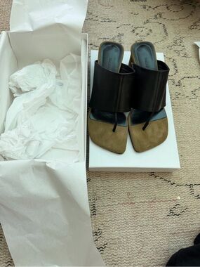 Women’s Black Leather and Olive Suede Square-Toe Mules
